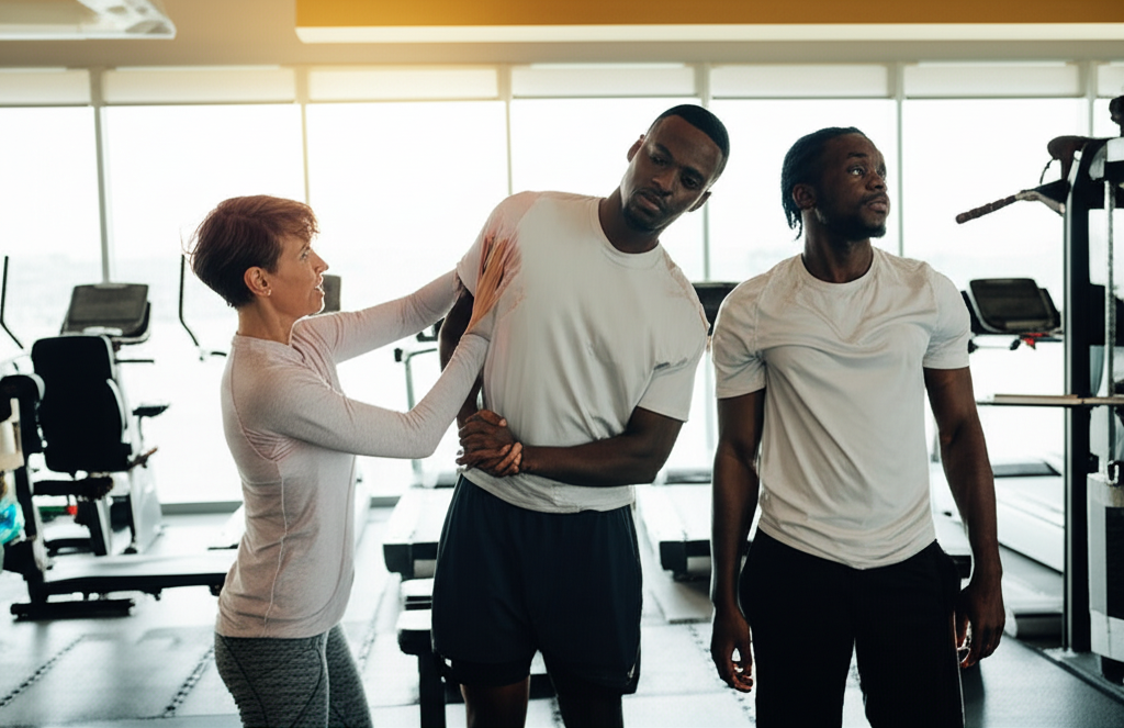 Athletic trainer working with client